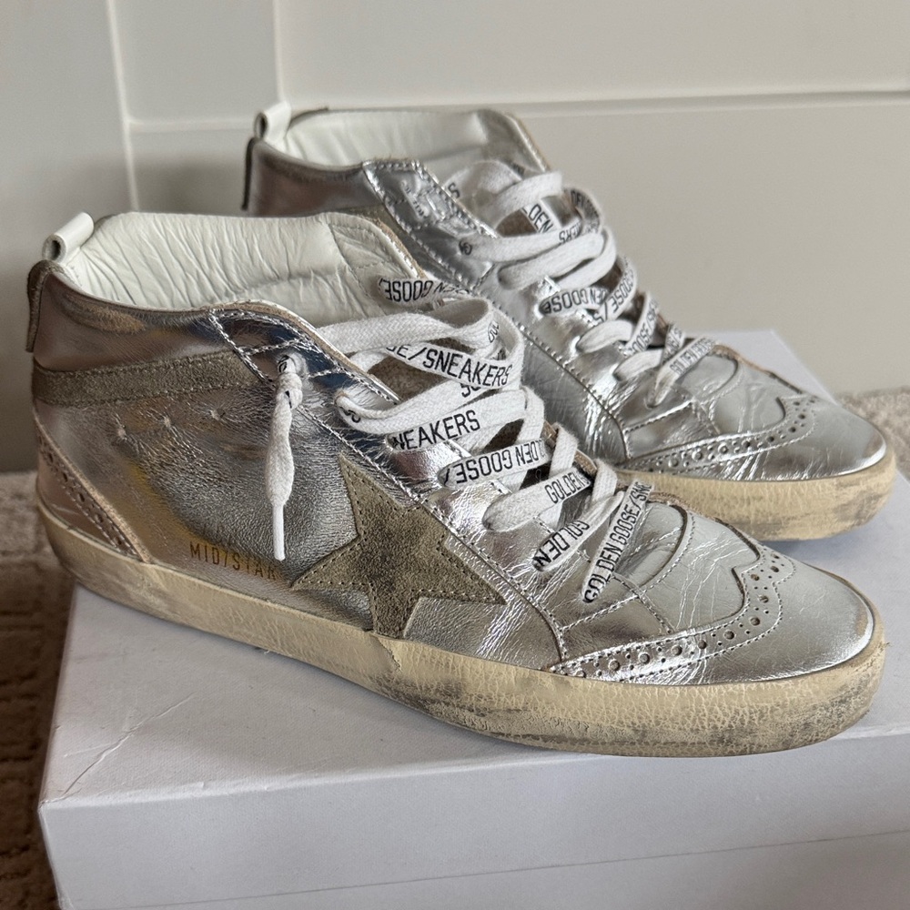 Golden Goose Silver Distressed High-Top Sneakers